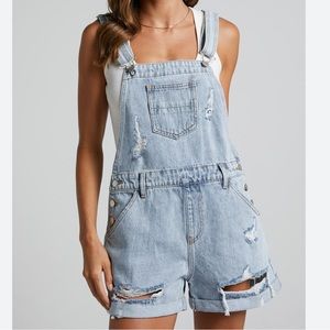 SHOWPO. RHEANA OVERALLS - RECYCLED COTTON DENIM SHORT OVERALLS IN MID BLUE WASH